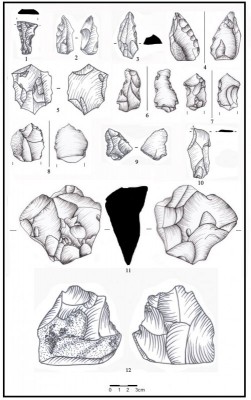 Figure 5. Sketch of stone artefacts from the Palaeolithic sites of Khosf: 1) notch (Kh. 170); 2) notch (Kh. 170); 3) end scraper (Kh. 170); 4) single side scraper (Kh. 053); 5) disc-shaped core (Kh. 038); 6) retouched flake (Kh. 078); 7) denticulate/retouched flake (Kh. 038); 8) retouched flake (Kh. 078); 9) retouched flake (Kh. 0170); 10) borer on Levallois flake (Kh. 170); 11) multidirectional core (Kh. 054); 12) broken biface (?) (Kh. 170).